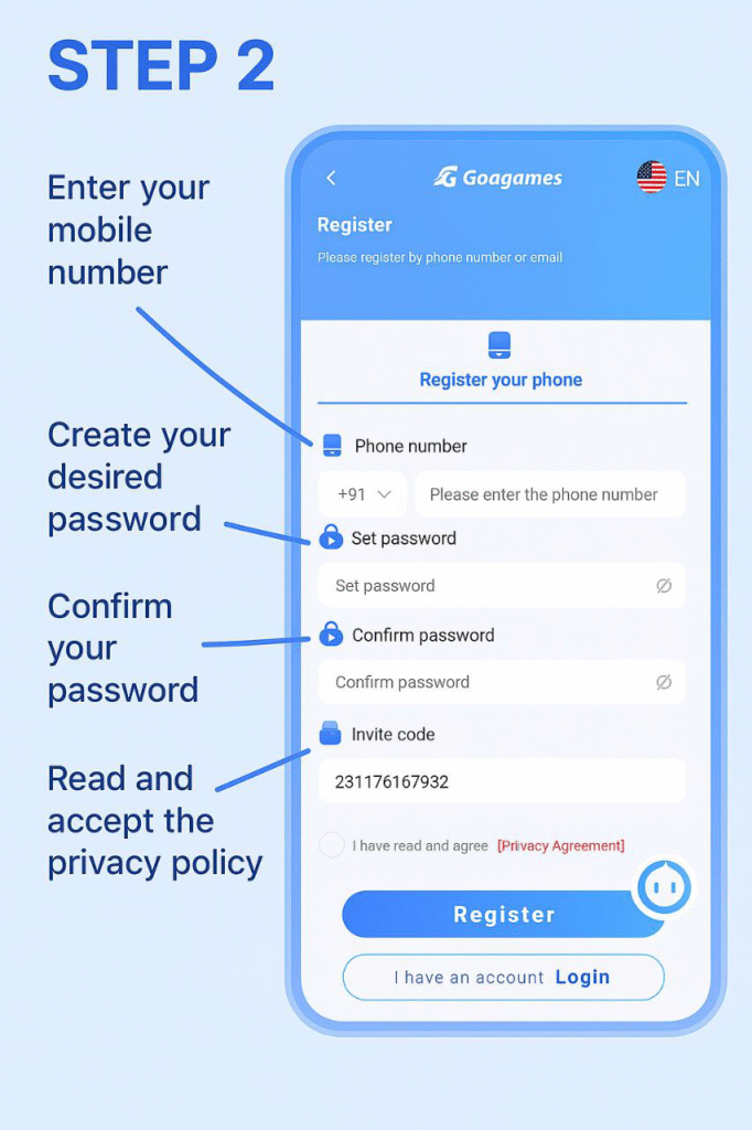 Goa game register page